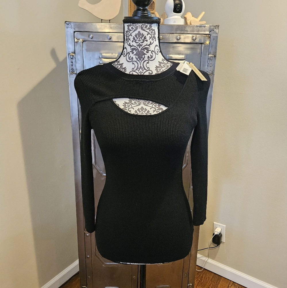 T Tahari Bodycon Keyhole asymmetrical Elbow Sleeve Top sz Sm
